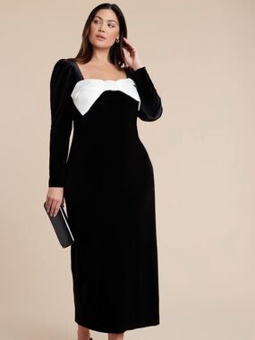 Eloquii Black Velvet Long Sleeve Dress with White Bow Bodice